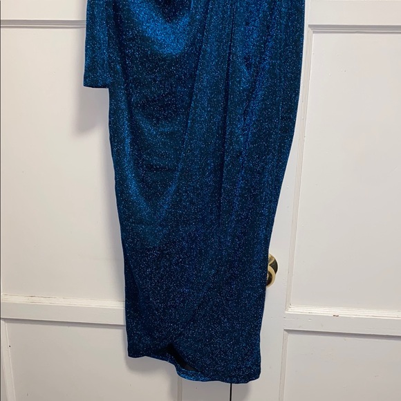 SHEIN Medium Blue Modely One Shoulder Wrap Hem Glitter Dress - Picture 5 of 12